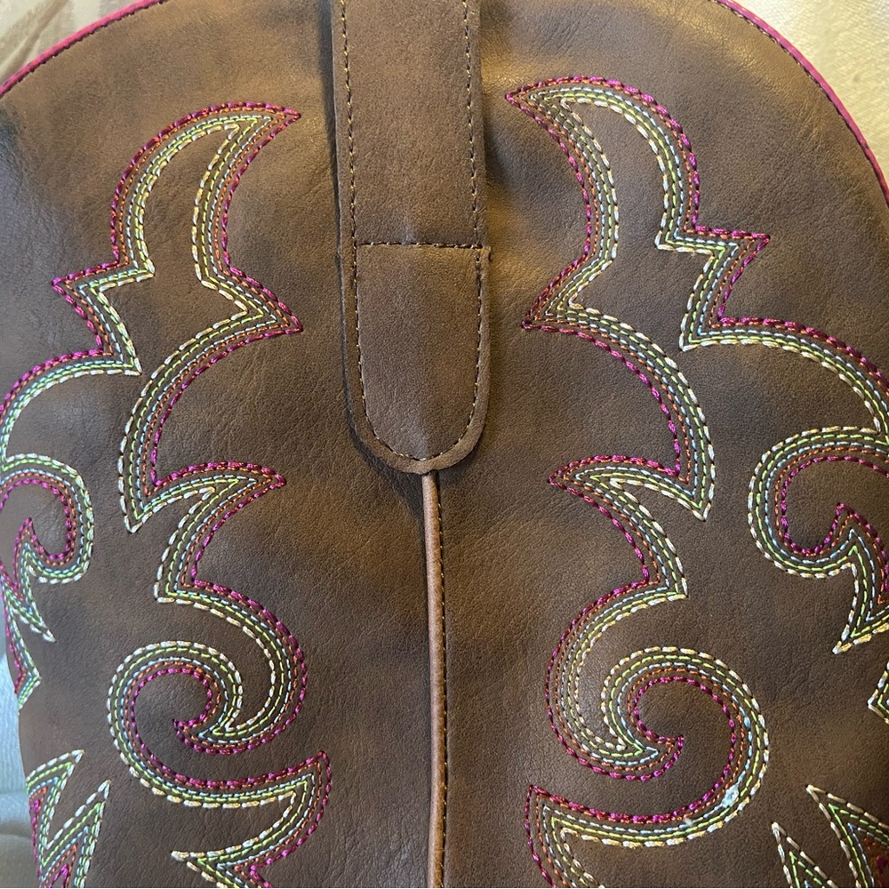 Brown Western Cowboy Boots with Pink Stitching - Picture 2 of 5